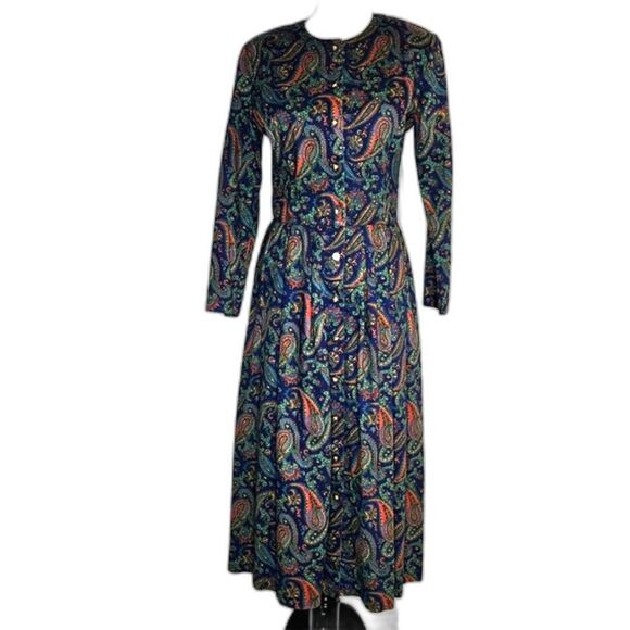 Talbots X Sara Cambell 80s Jeweltone Paisley Button Front Midi Tea Length Dress - Picture 3 of 15